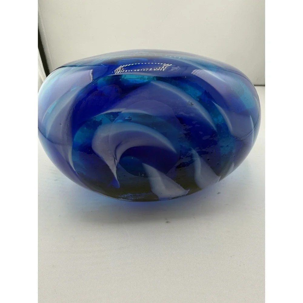 Crate & Barrel Mykonos Glass Bud Vase Hand Blown Vibrant Blue White Pattern 8.5